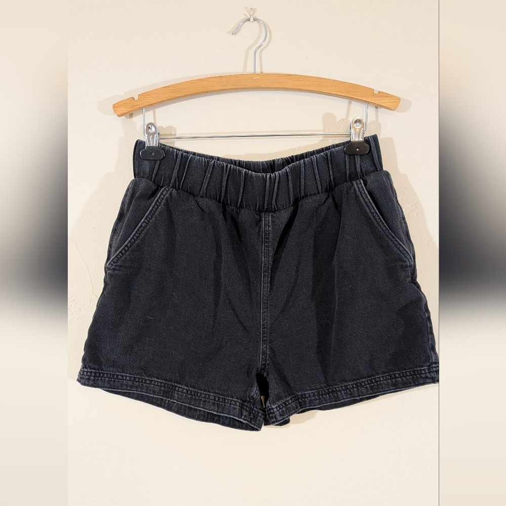 Topshop Black Denim Cotton Shorts Pockets Elastic Waist Women's 10